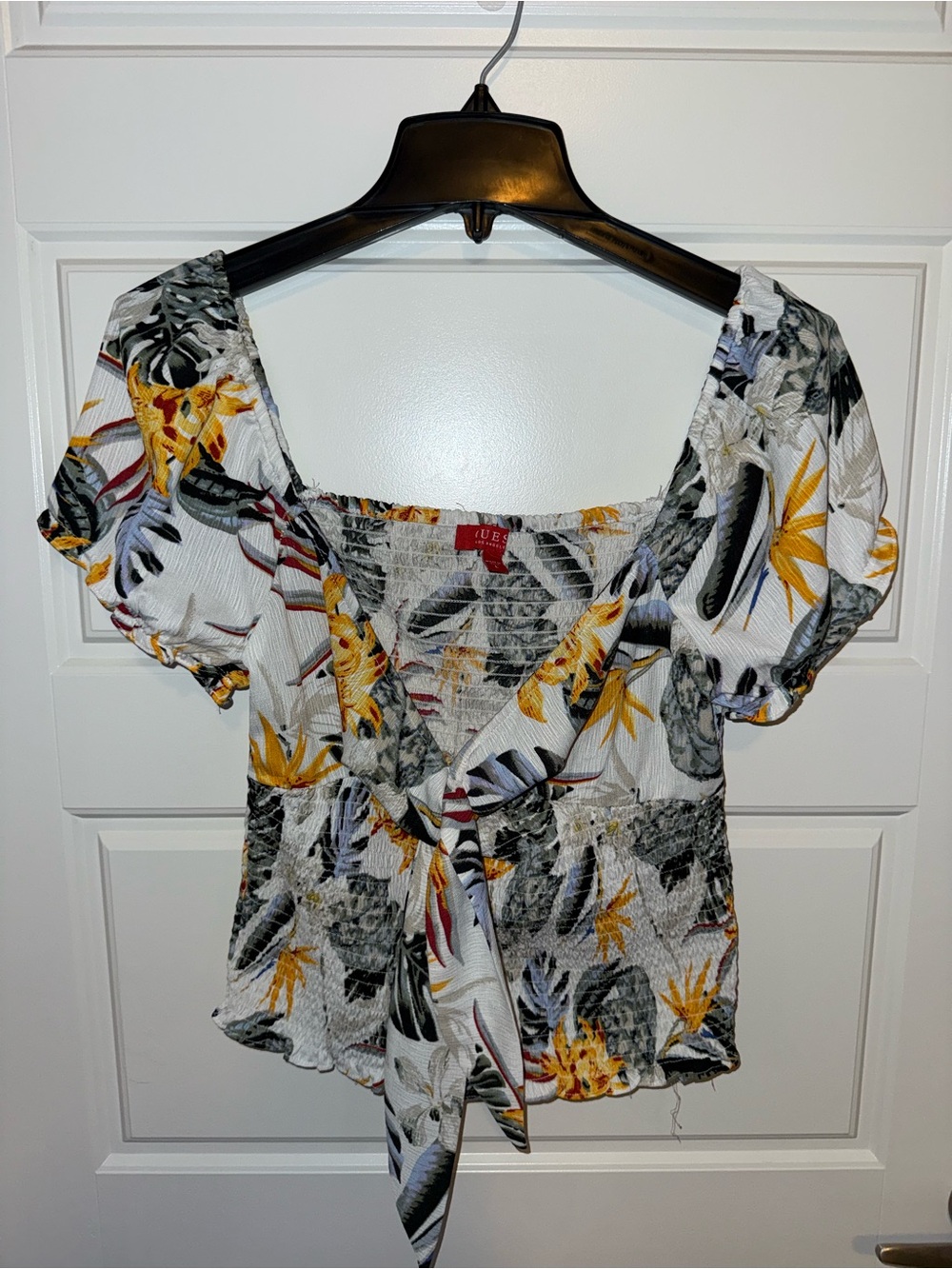 Guess White Floral Tie-Front Puff Sleeve Blouse with Yellow Accents